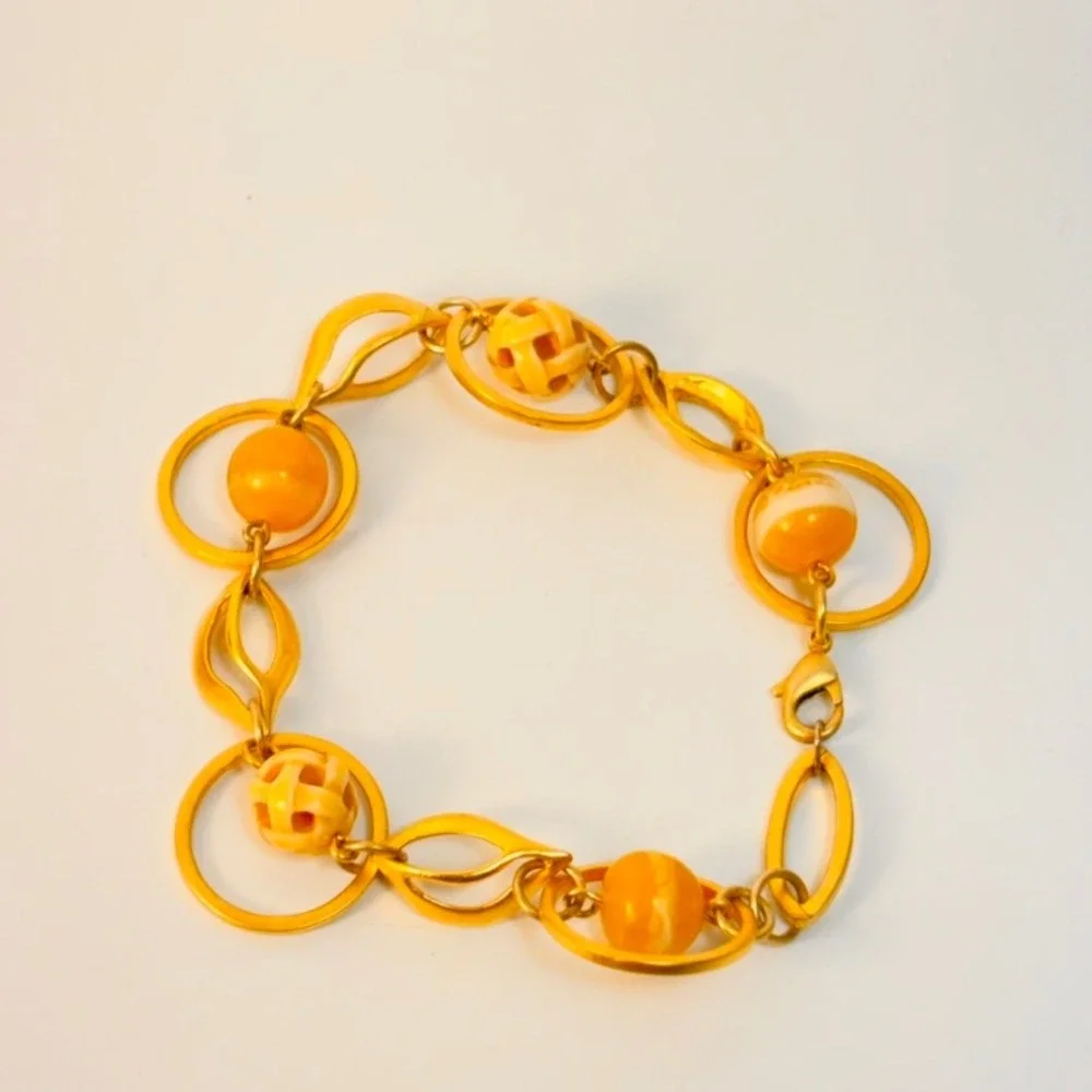 Vintage Link Bracelet Gold Yellow Marbled Bead Boho Chic Minimalist 90s